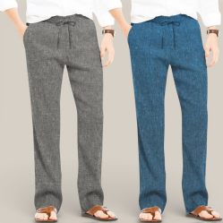 Combo of 2 Cotton Linen Loose Fit Men Pant Dark Gray and Teal Blue-50723