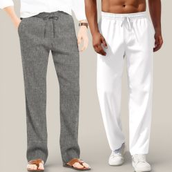Combo of 2 Cotton Linen Loose Fit Men Pant Dark Gray and White-50724