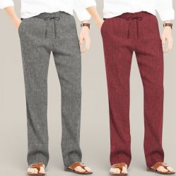 Combo of 2 Cotton Linen Loose Fit Men Pant Dark Gray and Wine-50725