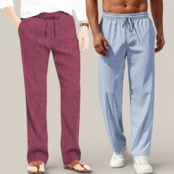 Combo of 2 Cotton Linen Loose Fit Men Pant Dark Pink and Denim-50726