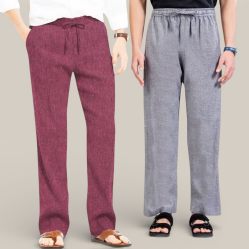 Combo of 2 Cotton Linen Loose Fit Men Pant Dark Pink and Gray-50727
