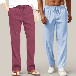 Combo of 2 Cotton Linen Loose Fit Men Pant Dark Pink and Light Blue-50729