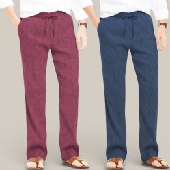 Combo of 2 Cotton Linen Loose Fit Men Pant Dark Pink and Navy Blue-50732