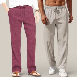 Combo of 2 Cotton Linen Loose Fit Men Pant Dark Pink and Off White-50733