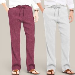 Combo of 2 Cotton Linen Loose Fit Men Pant Dark Pink and Off White-50734