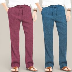 Combo of 2 Cotton Linen Loose Fit Men Pant Dark Pink and Teal Blue-50736