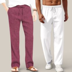Combo of 2 Cotton Linen Loose Fit Men Pant Dark Pink and White-50737