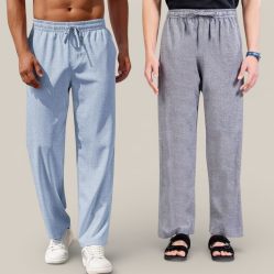 Combo of 2 Cotton Linen Loose Fit Men Pant Denim and Gray-50739