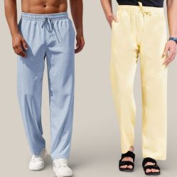 Combo of 2 Cotton Linen Loose Fit Men Pant Denim and Lemon Yellow-50740