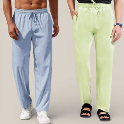Combo of 2 Cotton Linen Loose Fit Men Pant Denim and Mint Green-50743