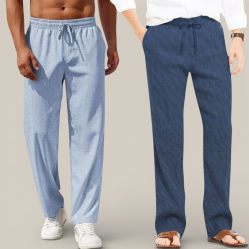 Combo of 2 Cotton Linen Loose Fit Men Pant Denim and Navy Blue-50744