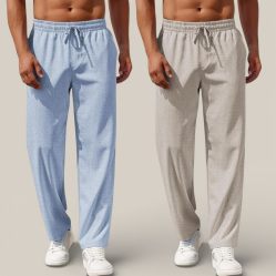 Combo of 2 Cotton Linen Loose Fit Men Pant Denim and Off White-50745