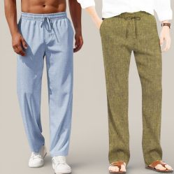 Combo of 2 Cotton Linen Loose Fit Men Pant Denim and Olive Green-50747
