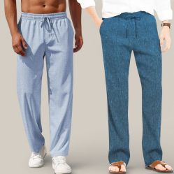 Combo of 2 Cotton Linen Loose Fit Men Pant Denim and Teal Blue-50748