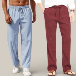 Combo of 2 Cotton Linen Loose Fit Men Pant Denim and Wine-50750