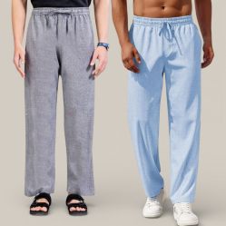 Combo of 2 Cotton Linen Loose Fit Men Pant Gray and Light Blue-50752