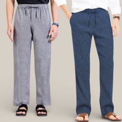 Combo of 2 Cotton Linen Loose Fit Men Pant Gray and Navy Blue-50755