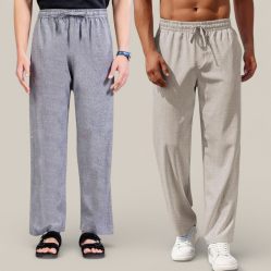Combo of 2 Cotton Linen Loose Fit Men Pant Gray and Off White-50756