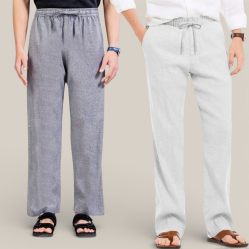 Combo of 2 Cotton Linen Loose Fit Men Pant Gray and Off White-50757
