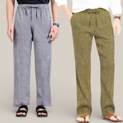 Combo of 2 Cotton Linen Loose Fit Men Pant Gray and Olive Green-50758