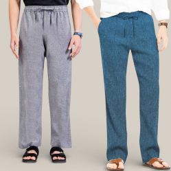 Combo of 2 Cotton Linen Loose Fit Men Pant Gray and Teal Blue-50759