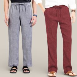 Combo of 2 Cotton Linen Loose Fit Men Pant Gray and Wine-50761