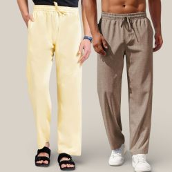 Combo of 2 Cotton Linen Loose Fit Men Pant Lemon Yellow and Light Brown-50763