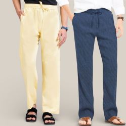 Combo of 2 Cotton Linen Loose Fit Men Pant Lemon Yellow and Navy Blue-50765