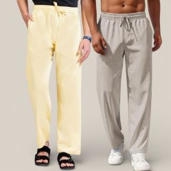 Combo of 2 Cotton Linen Loose Fit Men Pant Lemon Yellow and Off White-50766