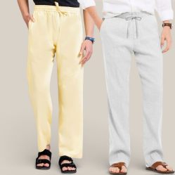 Combo of 2 Cotton Linen Loose Fit Men Pant Lemon Yellow and Off White-50767