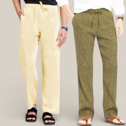 Combo of 2 Cotton Linen Loose Fit Men Pant Lemon Yellow and Olive Green-50768
