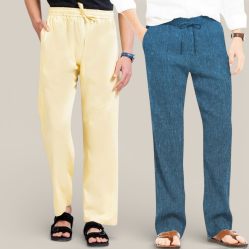 Combo of 2 Cotton Linen Loose Fit Men Pant Lemon Yellow and Teal Blue-50769