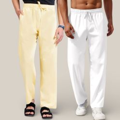 Combo of 2 Cotton Linen Loose Fit Men Pant Lemon Yellow and White-50770