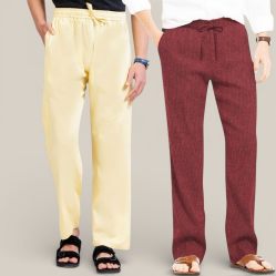 Combo of 2 Cotton Linen Loose Fit Men Pant Lemon Yellow and Wine-50771