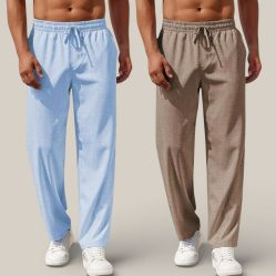Combo of 2 Cotton Linen Loose Fit Men Pant Light Blue and Light Brown-50772