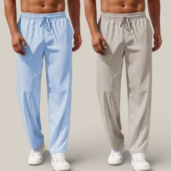 Combo of 2 Cotton Linen Loose Fit Men Pant Light Blue and Off White-50775