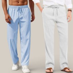 Combo of 2 Cotton Linen Loose Fit Men Pant Light Blue and Off White-50776