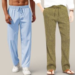 Combo of 2 Cotton Linen Loose Fit Men Pant Light Blue and Olive Green-50777