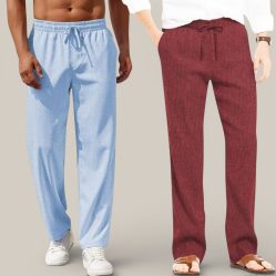 Combo of 2 Cotton Linen Loose Fit Men Pant Light Blue and Wine-50780
