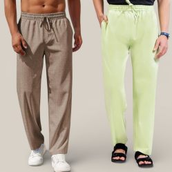 Combo of 2 Cotton Linen Loose Fit Men Pant Light Brown and Mint Green-50781