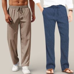 Combo of 2 Cotton Linen Loose Fit Men Pant Light Brown and Navy Blue-50782