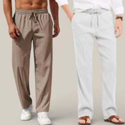 Combo of 2 Cotton Linen Loose Fit Men Pant Light Brown and Off White-50784