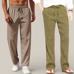 Combo of 2 Cotton Linen Loose Fit Men Pant Light Brown and Olive Green-50785