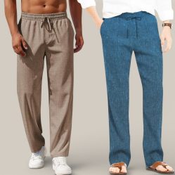 Combo of 2 Cotton Linen Loose Fit Men Pant Light Brown and Teal Blue-50786