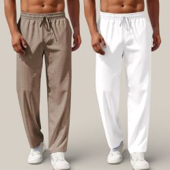Combo of 2 Cotton Linen Loose Fit Men Pant Light Brown and White-50787