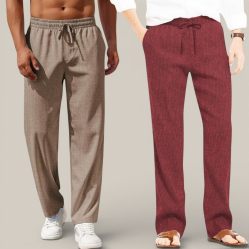 Combo of 2 Cotton Linen Loose Fit Men Pant Light Brown and Wine-50788