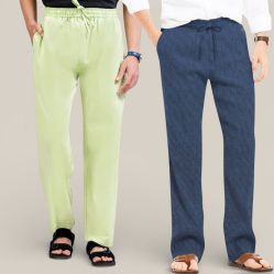 Combo of 2 Cotton Linen Loose Fit Men Pant Mint Green and Navy Blue-50789