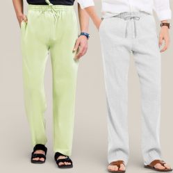 Combo of 2 Cotton Linen Loose Fit Men Pant Mint Green and Off White-50791