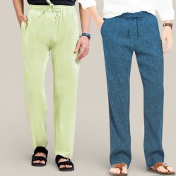Combo of 2 Cotton Linen Loose Fit Men Pant Mint Green and Teal Blue-50793