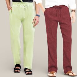 Combo of 2 Cotton Linen Loose Fit Men Pant Mint Green and Wine-50795